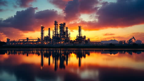 industrial skyline at sunset reflecting on calm water