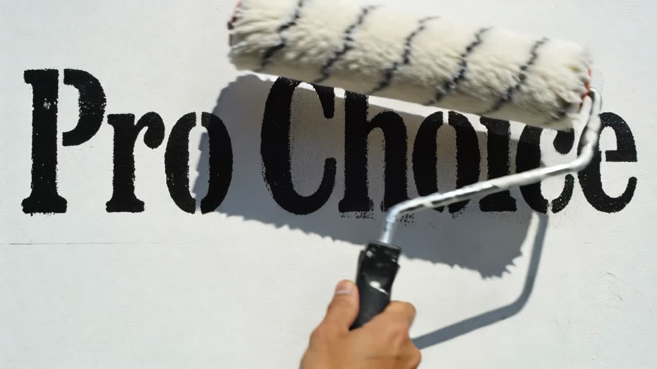 Starting roll, painter's hand guiding fluffy roller across exterior wall, covering Pro Choice text