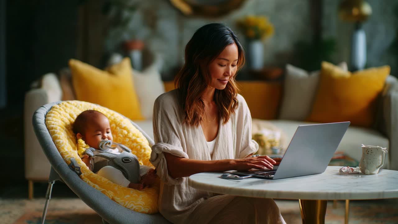 A serene moment where a mother engages in remote work on a laptop while her baby peacefully enjoys playtime in a cozy living room adorned with warm colors and soft furnishings