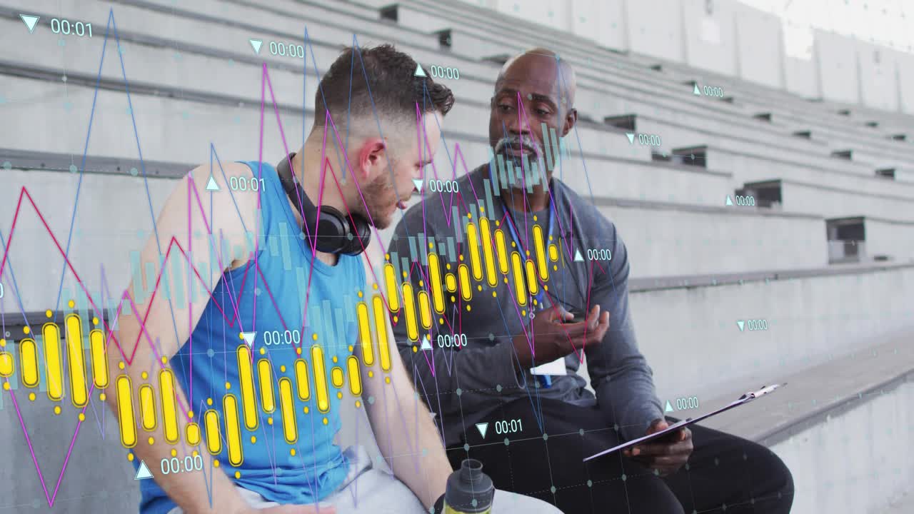 coach tapping clipboard, swiping phone leading athlete studying sports metrics with animated charts
