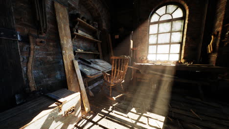 rustic woodworking workshop with tools and sunbeams