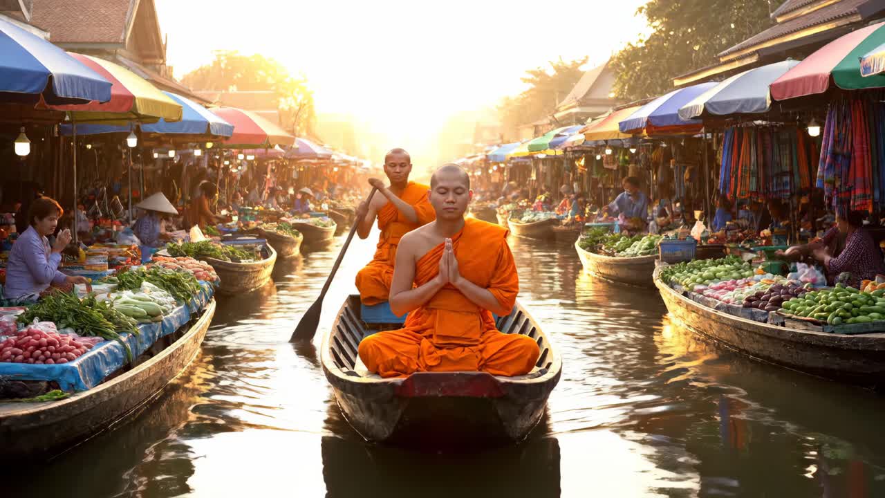 Monks on a Boat in a Floating Market in Thailand