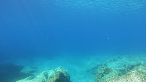 Rayos-De-Sol-Debajo-De-La-Superficie-Del-Mar-Con-Agua-Azul-Clara