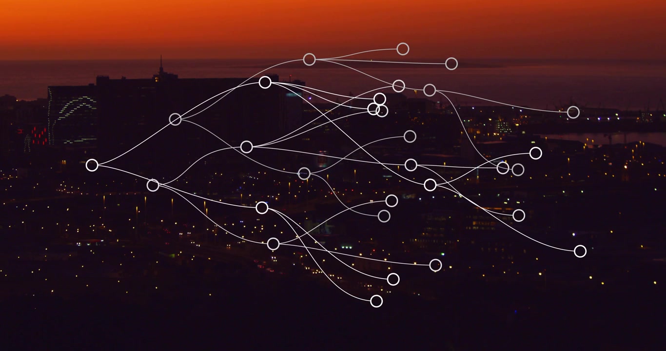 Left cluster shifting white nodes moving right upward merging splitting showing data flow over city