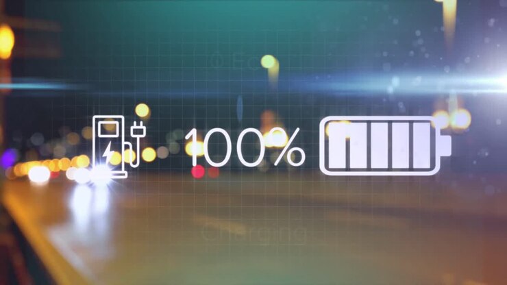 Animazione dello schermo dell'interfaccia di ricarica per auto elettrica su strada di notte con auto