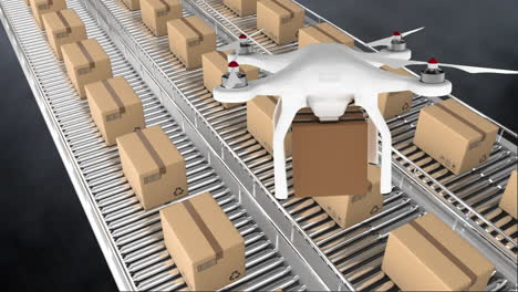 animation of a drone holding a cardboard box, with cardboard boxes lying on conveyor belts