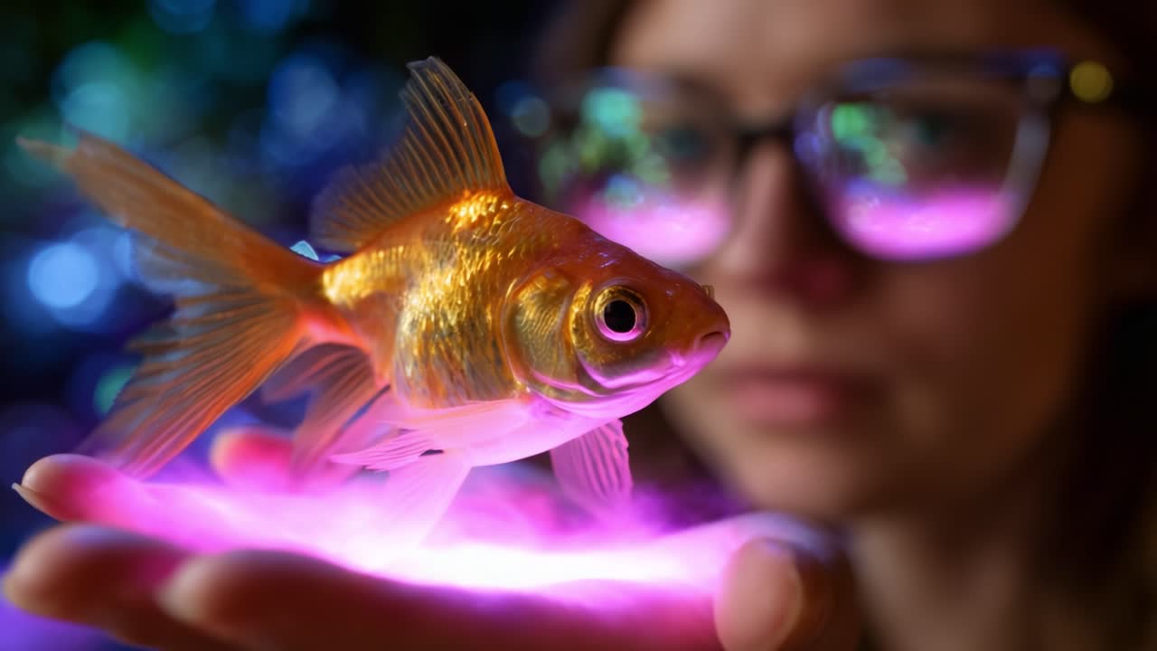 Un poisson rouge doré lumineux nageant dans une main, entouré de lumières et de couleurs éthérées qui créent une atmosphère magique, capturant un moment d’émerveillement et de fascination