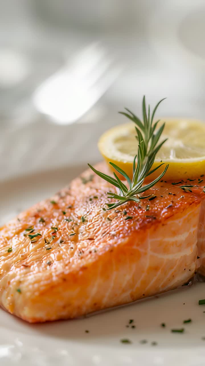 Video verticale: panoramica con la telecamera che rivela un filetto di salmone scottato su un piatto a tavola con limone e rosmarino