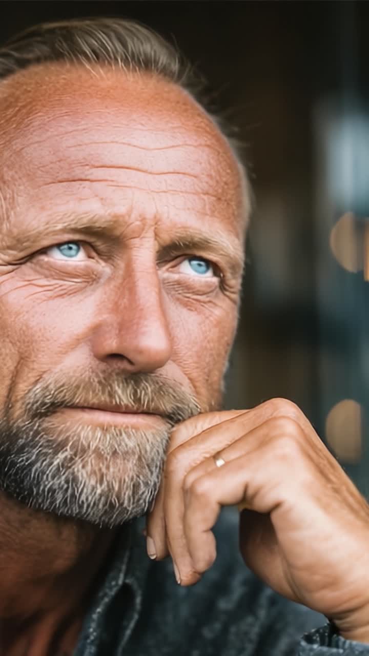 Momento Contemplativo: Un primo piano di un uomo maturo con sorprendenti occhi azzurri e un'espressione pensierosa, che mette in mostra profondità e carattere nel suo sguardo e nei suoi tratti somatici.