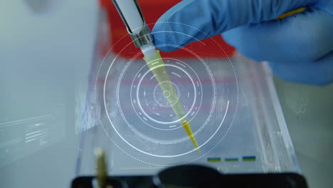 animation of scope scanning and data processing over close up of scientist working in lab