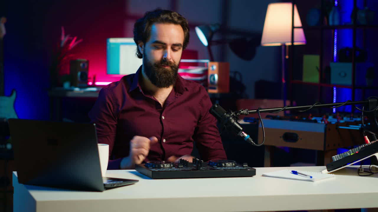 artista filmando dj mezclando tutorial en el controlador de sonido