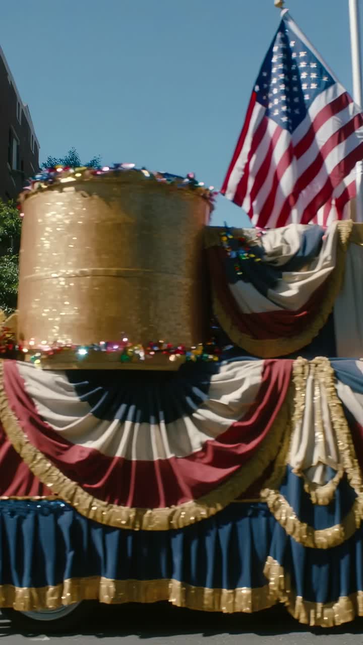 Vertical video: Launching camera panning across float in city, showing bunting, flag and gold props