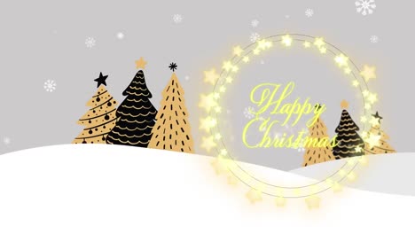 Animation-of-christmas-greetings-in-fairy-lights-frame-over-winter-landscape-background