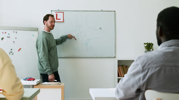 Teacher and students in driving school