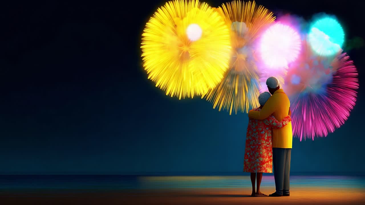 Two elderly individuals share a heartwarming moment while watching vibrant fireworks together, encapsulating the essence of love, unity, and celebration under a starry night sky