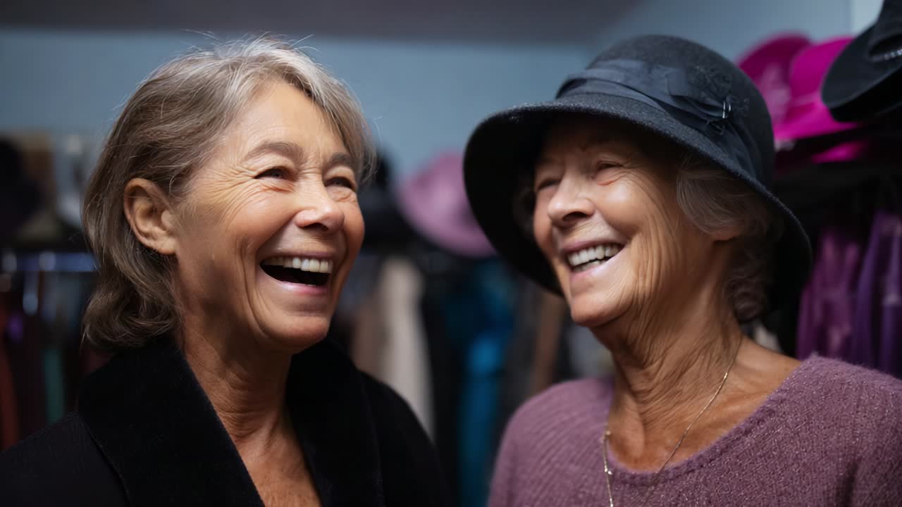 Two Joyful Senior Women Sharing Laughter and Memories in a Cozy Closet Full of Colorful Hats, Reflecting the Joy of Friendship and Life's Simple Pleasures in Their Warm Smiles and Gleaming Eyes