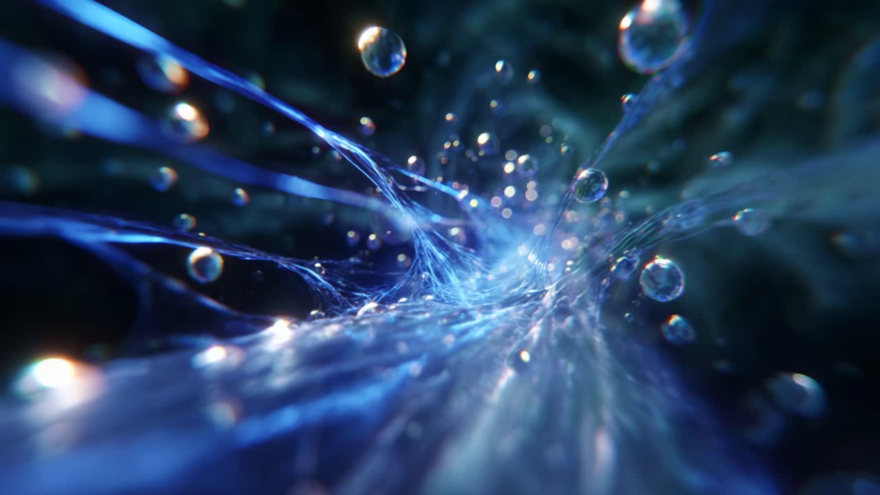 Exploration of Liquid Dynamics: A Detailed Look at Colorful Streams of Water Droplets and Swirling Blue Light in an Abstract Environment