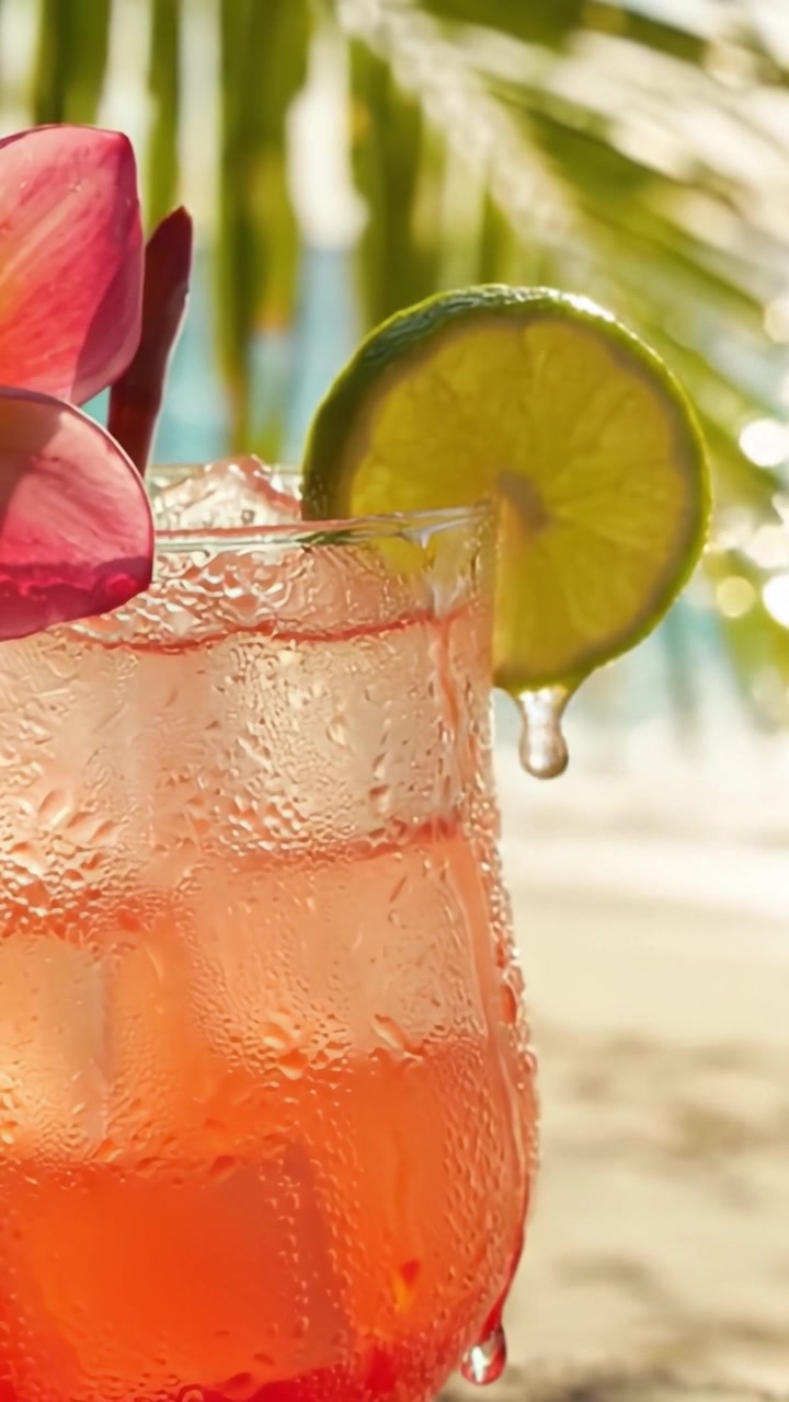 Bevanda tropicale rinfrescante guarnita con fiori vivaci e lime, perfetta per una giornata di relax sotto il sole, che mostra un'accattivante miscela di colori e texture.