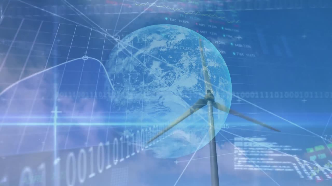 금융 데이터 처리 바이너리 코딩과 풍력 터빈 위의 지구의 애니메이션