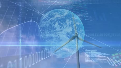 animation of financial data processing binary coding and globe over wind turbine