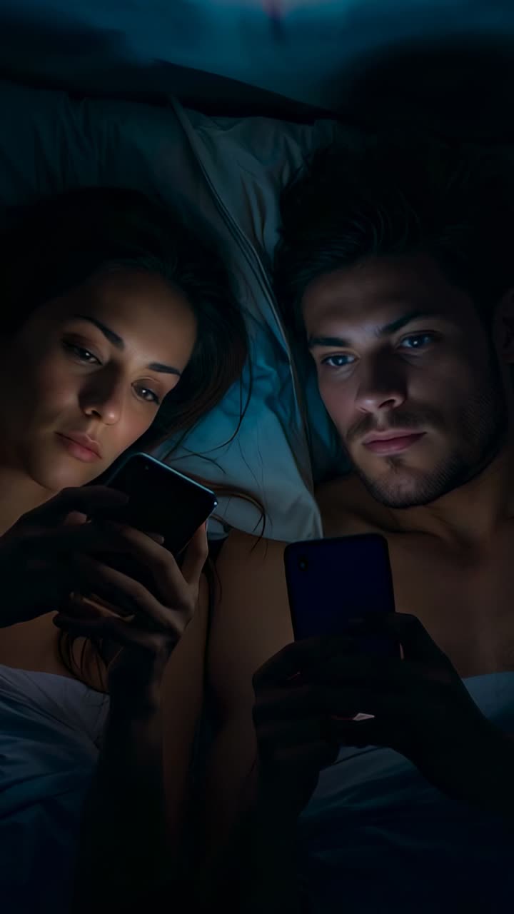 Vertical video: Couple lying on bed in bedroom, reaching for smartphones with scrolling blue glow