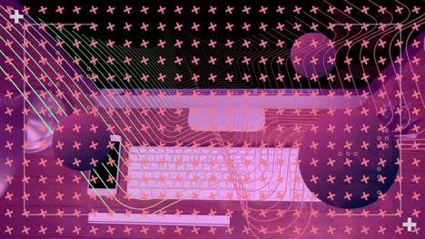 Animation-of-grid-of-pink-crosses-with-spheres-and-colourful-lines-over-computer-on-desk