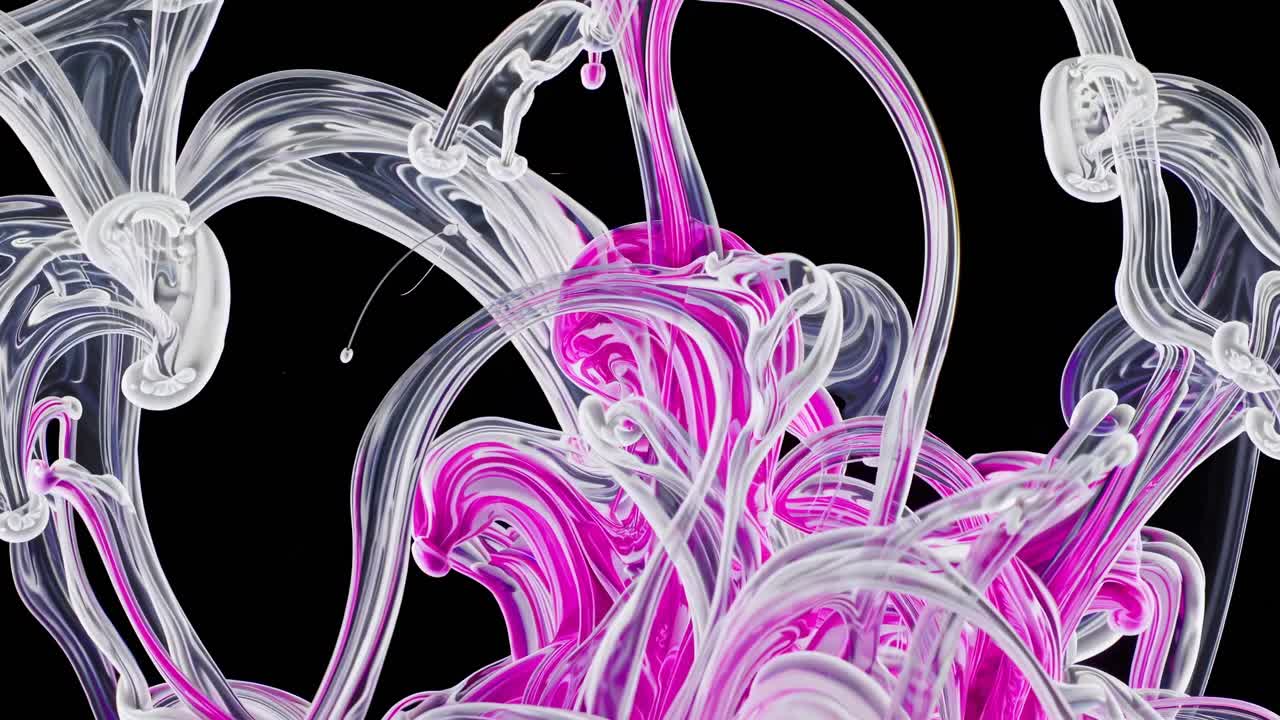 Abstrakt video af hvirvlende pink og hvidt blæk i vand, optaget i nærbillede fra en lav vinkel