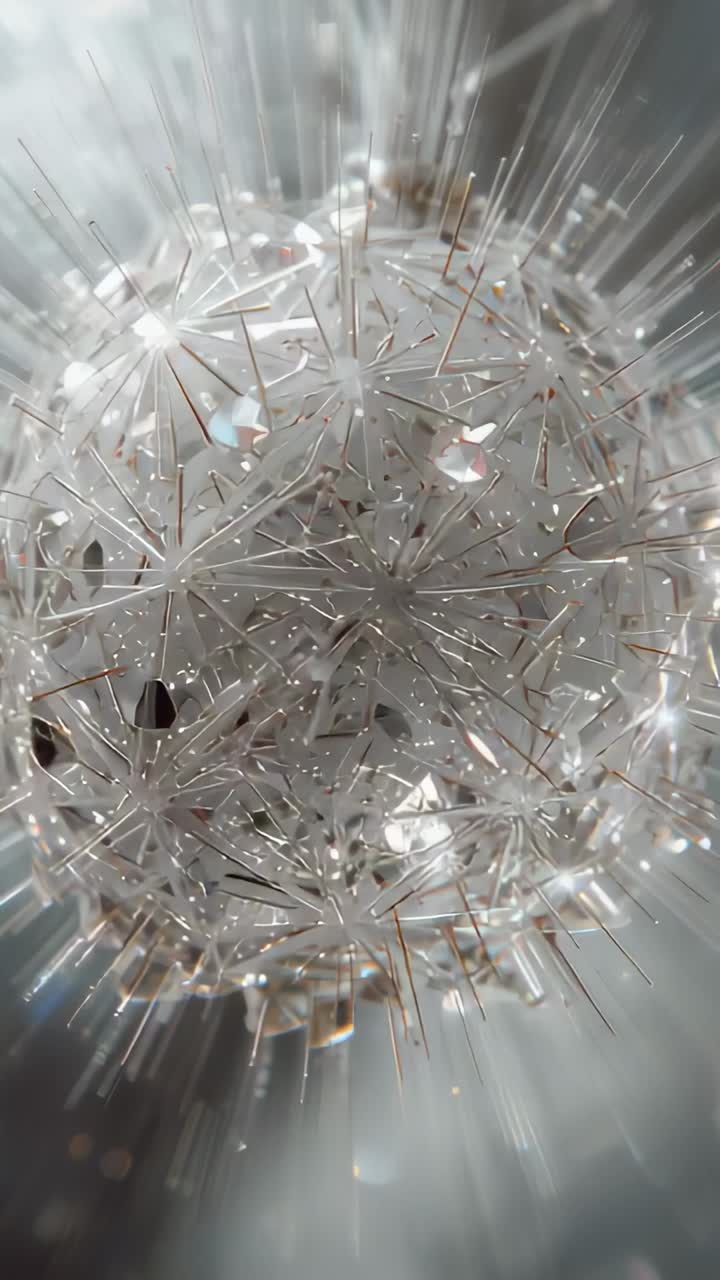 Vertical video: Shifting frames showing dandelion pappus rotating in macro, revealing achenes, dew