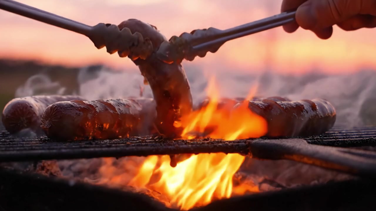 Linguiças Chiando na Grelha: Uma Experiência de Churrasco ao Pôr do Sol Capturando a Beleza de Cozinhar em Chamas Abertas em um Cenário Rústico ao Ar Livre