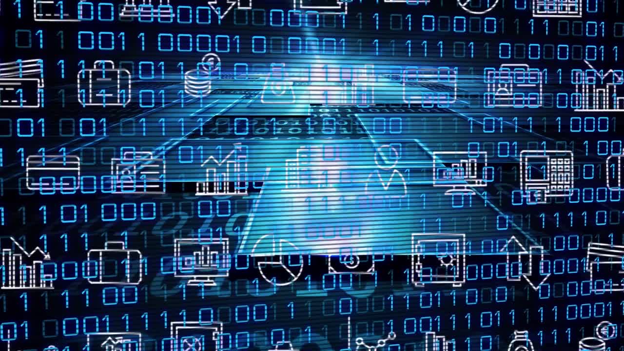 animación de iconos comerciales sobre formas y procesamiento de datos