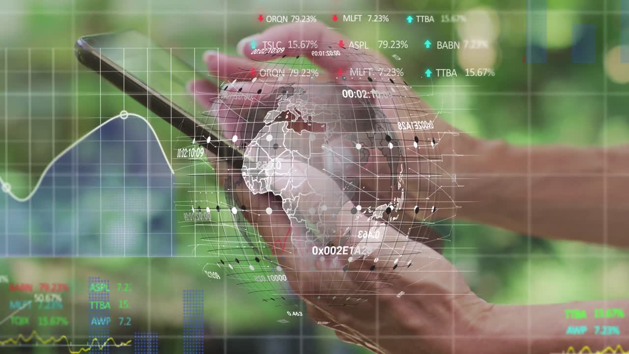 태블릿을 사용하는 백인 여성의 손 위에 금융 그래프, 데이터 및 지구의 애니메이션