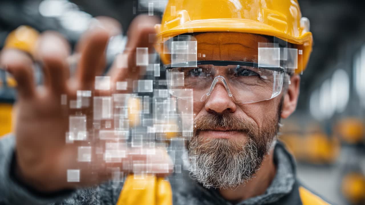 A Skilled Engineer in a Hard Hat and Safety Glasses Manipulates Digital Data with Enhanced Focus in a Bright Industrial Environment