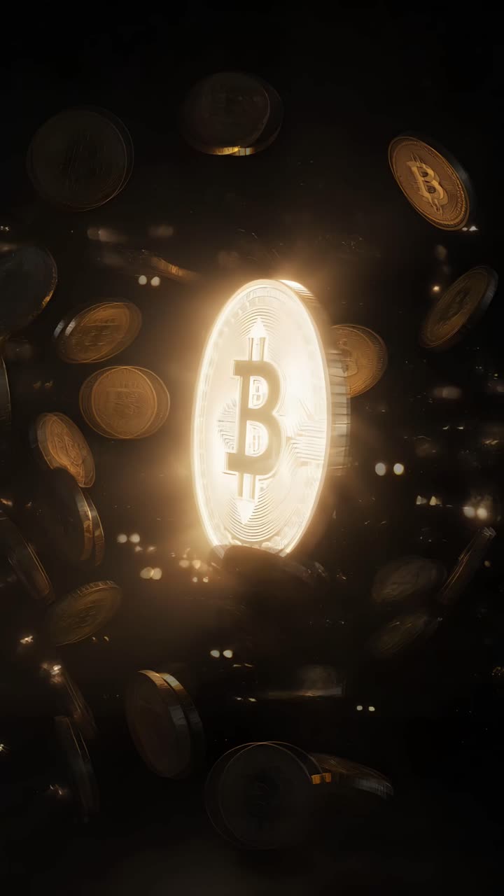 Animação de Bitcoin Dourado Girando em Fundo Escuro Cripto Cinematográfico 4K