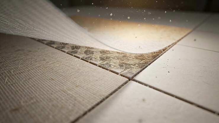 Lifting woven corner peeling on interior tile floor after unseen tug, revealing underlay and dust