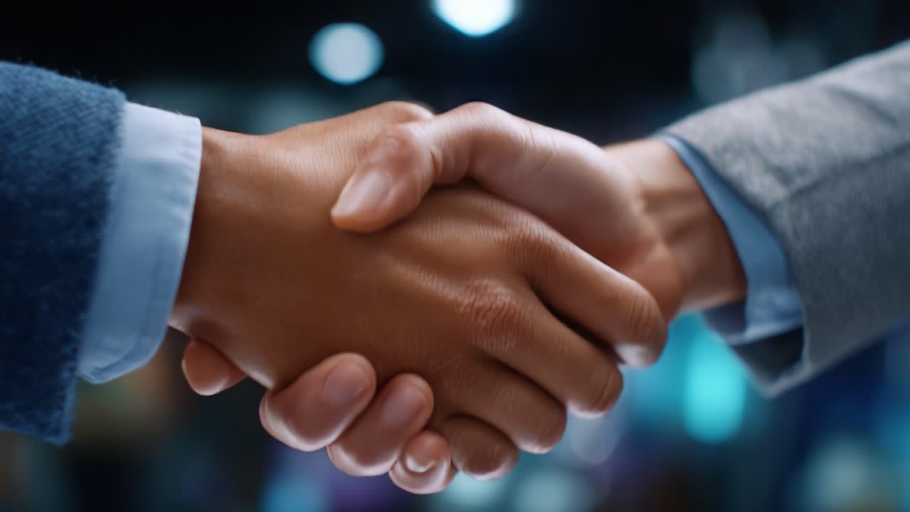 Professional handshake symbolizing agreement and partnership between two individuals in a business environment, showcasing collaboration and mutual respect