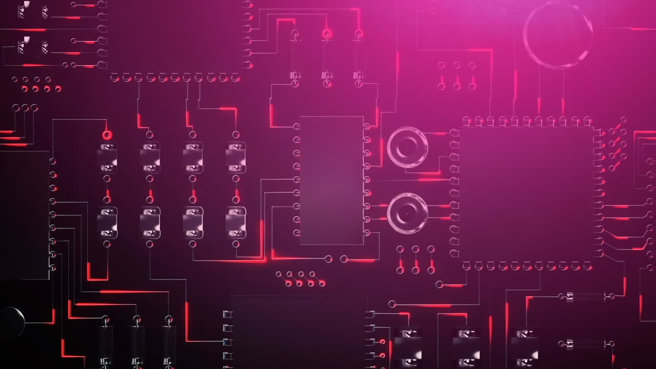 Animation of glowing red energy passing through circuit of a motherboard on dark background