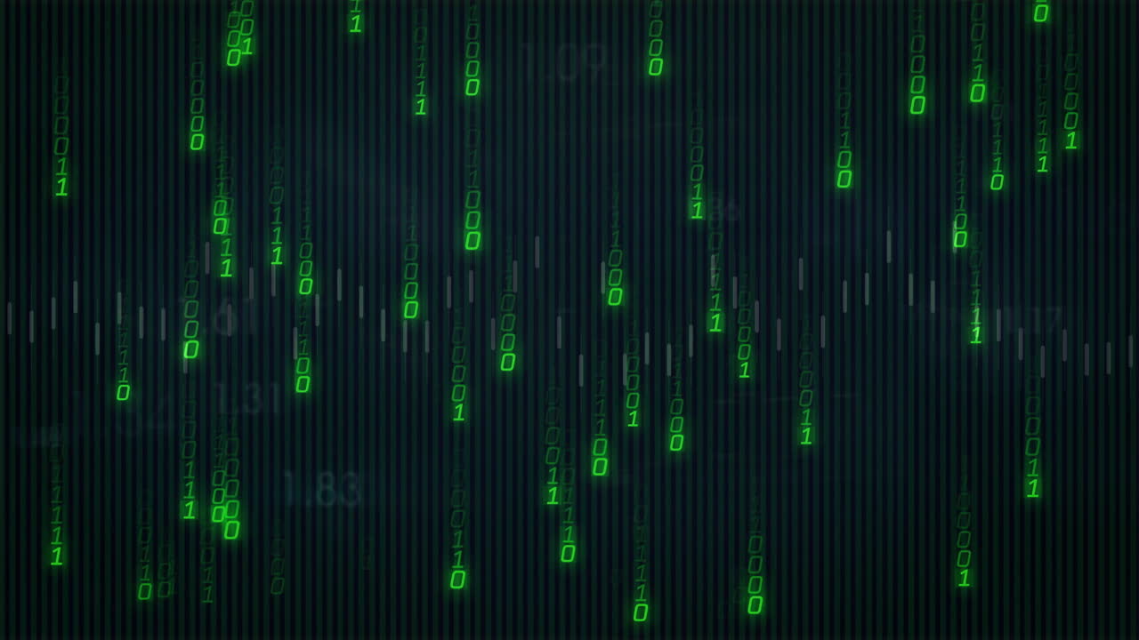 Falling green binary code creating digital rain animation over dark background