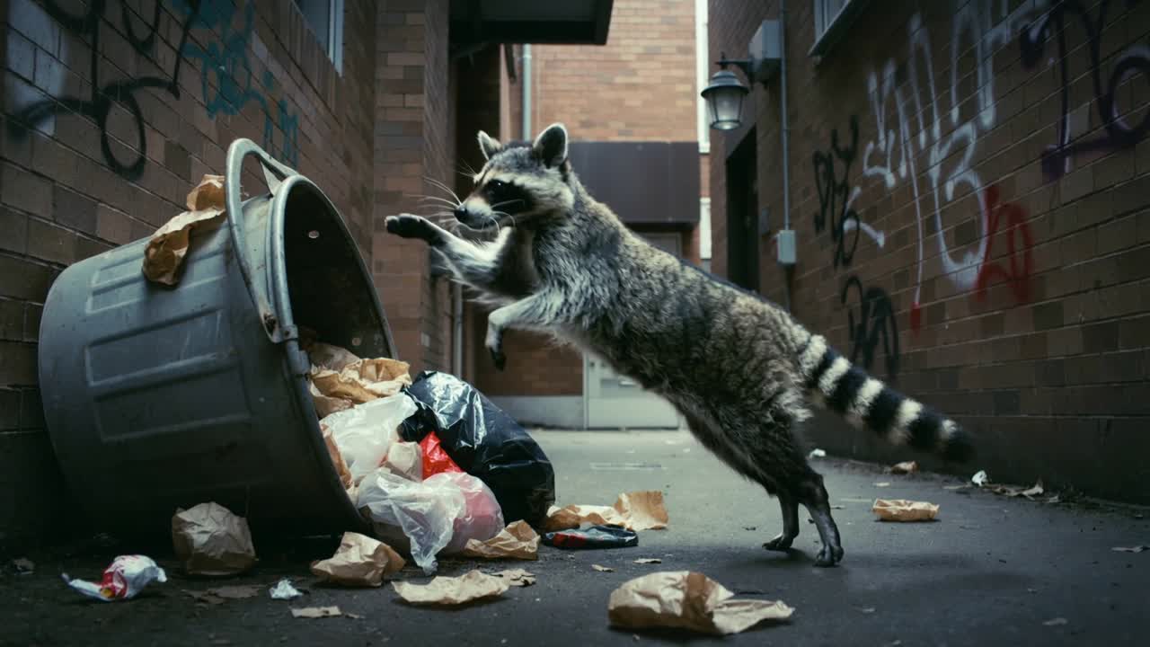 Guaxinim farejando lixo, saltando e agarrando a borda de uma lata de lixo metálica virada em um beco estreito, enquanto procura alimento.