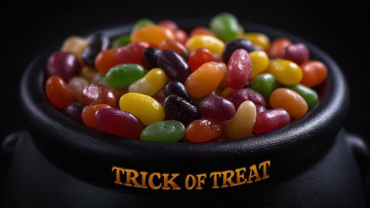 Black cauldron full of colorful jelly bean candies rotating slowly with an orange glowing trick or treat message, perfect for Halloween celebrations, parties, and festive spooky greetings