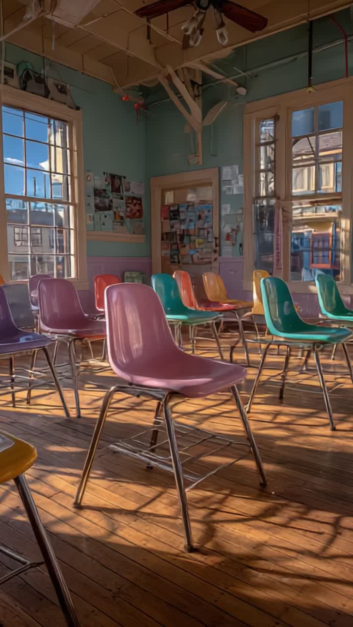 A Bright and Colorful Classroom Filled with Vibrant Chairs Bathed in Warm Natural Light, Creating an Inviting Learning Environment for Students