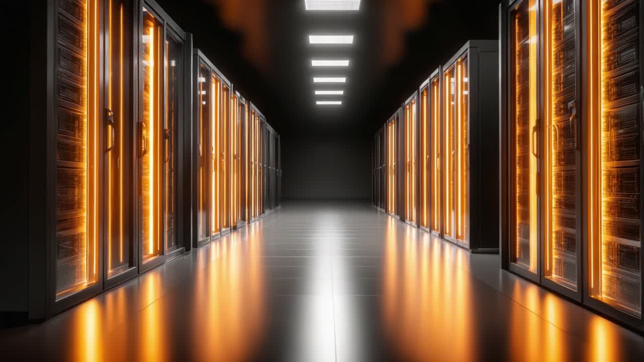 Una Vista Mozzafiato di un Moderno Data Center con File di Server ad Alte Prestazioni, Dotato di Rack Illuminati che Evidenziano Tecnologia e Infrastrutture all'Avanguardia