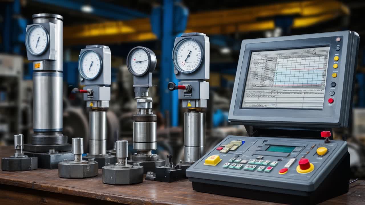Industrial Measurement Equipment Displayed on Workbench, Featuring Pressure Gauges and Control Panel in a Manufacturing Workshop Setting