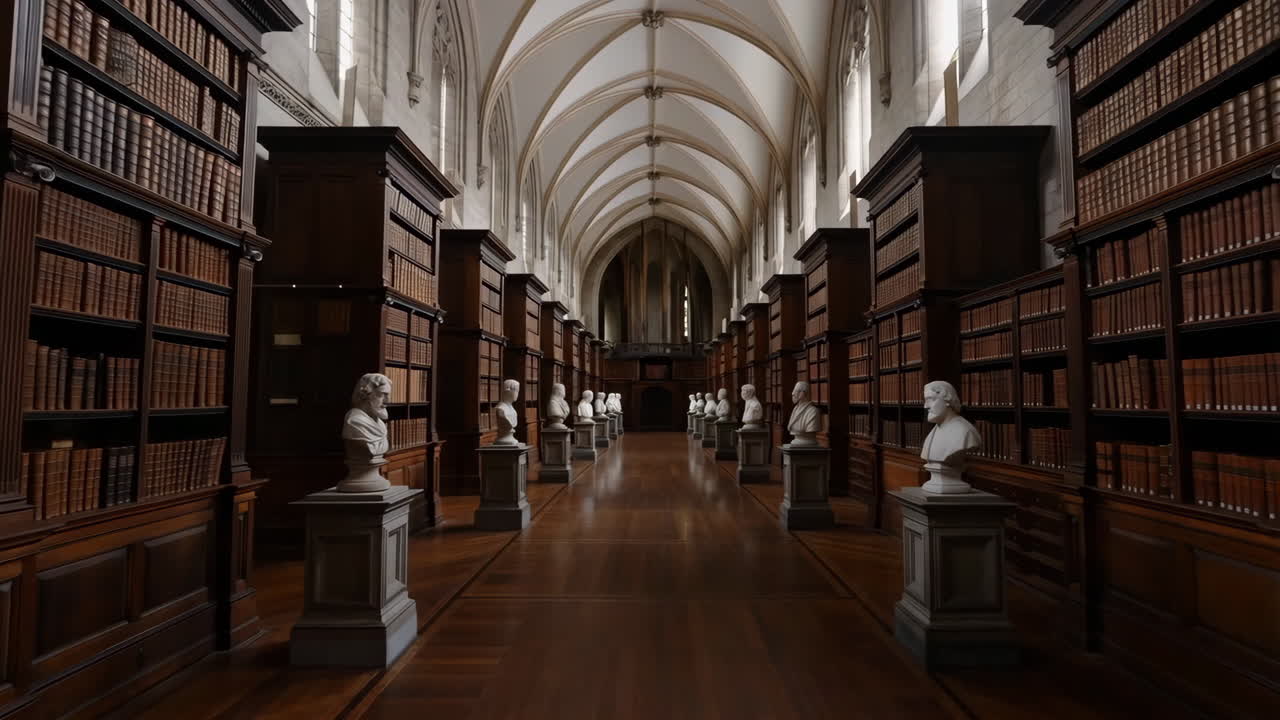Grand Library Hall with Busts and Vaulted Ceilings