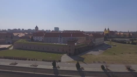 drone-pull-back-from-old-city-and-over-the-river-in-Osijek-Croatia