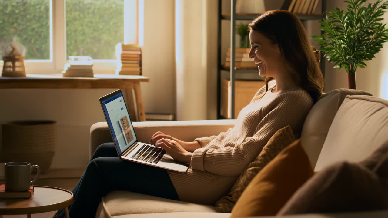 Woman happily using a laptop on a couch at home
