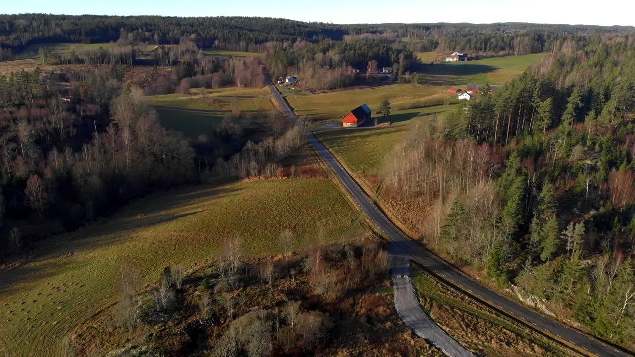 vista aérea de una zona rural con casas cerca del bosque verde en un entorno natural, amplia toma de establecimiento