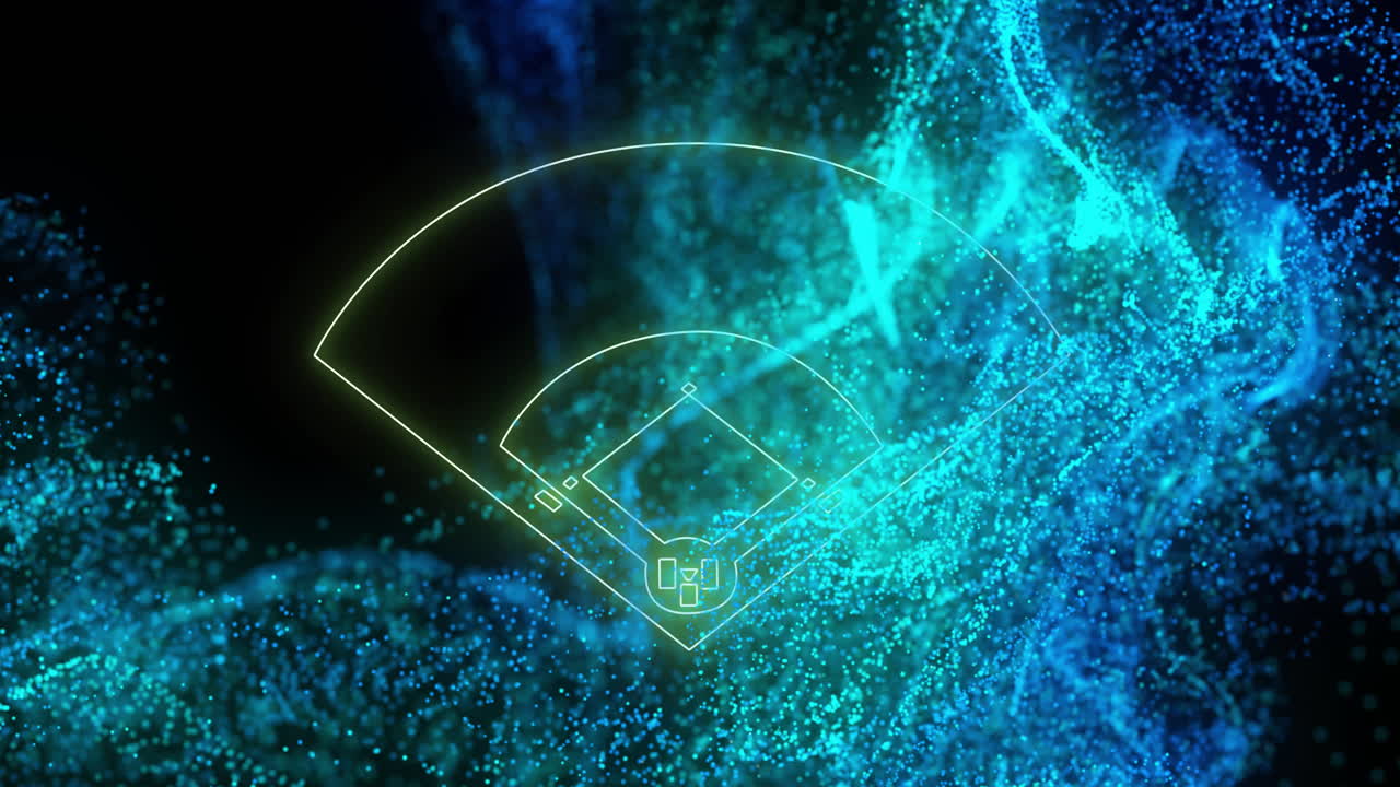 Animazione di diagramma di campo da baseball su sfondo di particelle digitali blu e nere