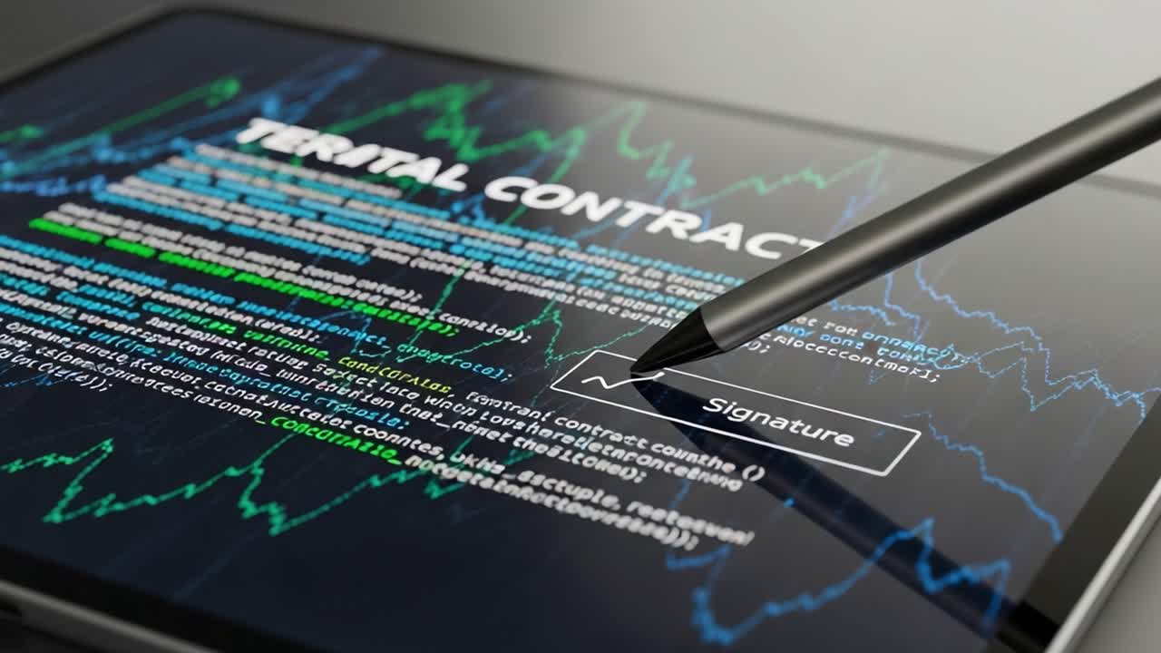 Digital signaturproces på en tablet for en territorial kontrakt, der fremhæver datavisualisering i realtid og aftalevalidering.