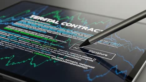 digital signature process on a tablet for a territorial contract highlighting real-time data visualization and agreement validation
