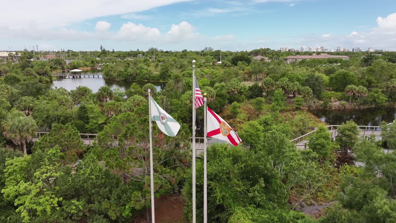 Aerial View of a Park with Three Flags and a Lake